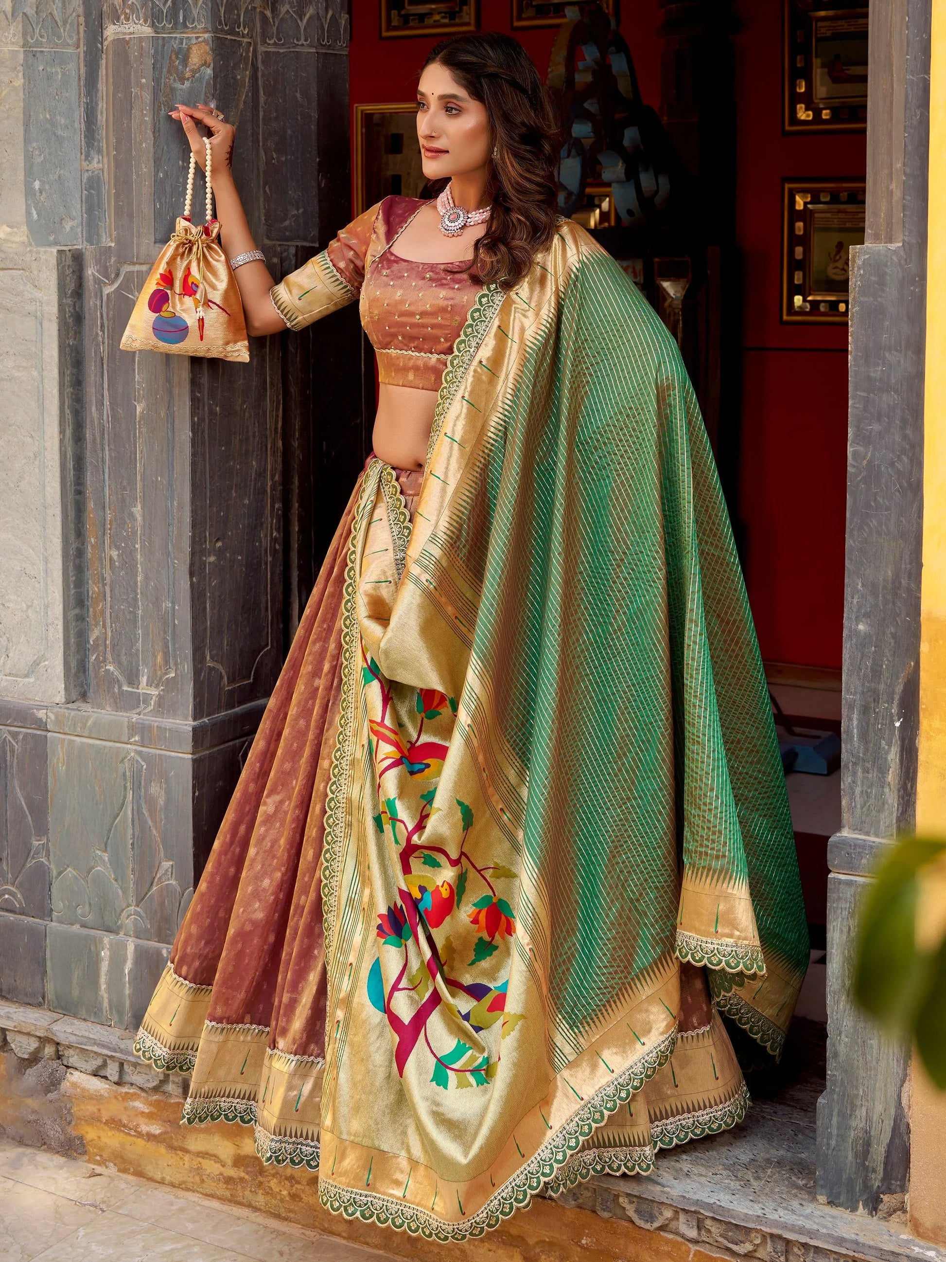 Gorgeous Brown Zari Weaving Silk Wedding Wear Lehenga Choli