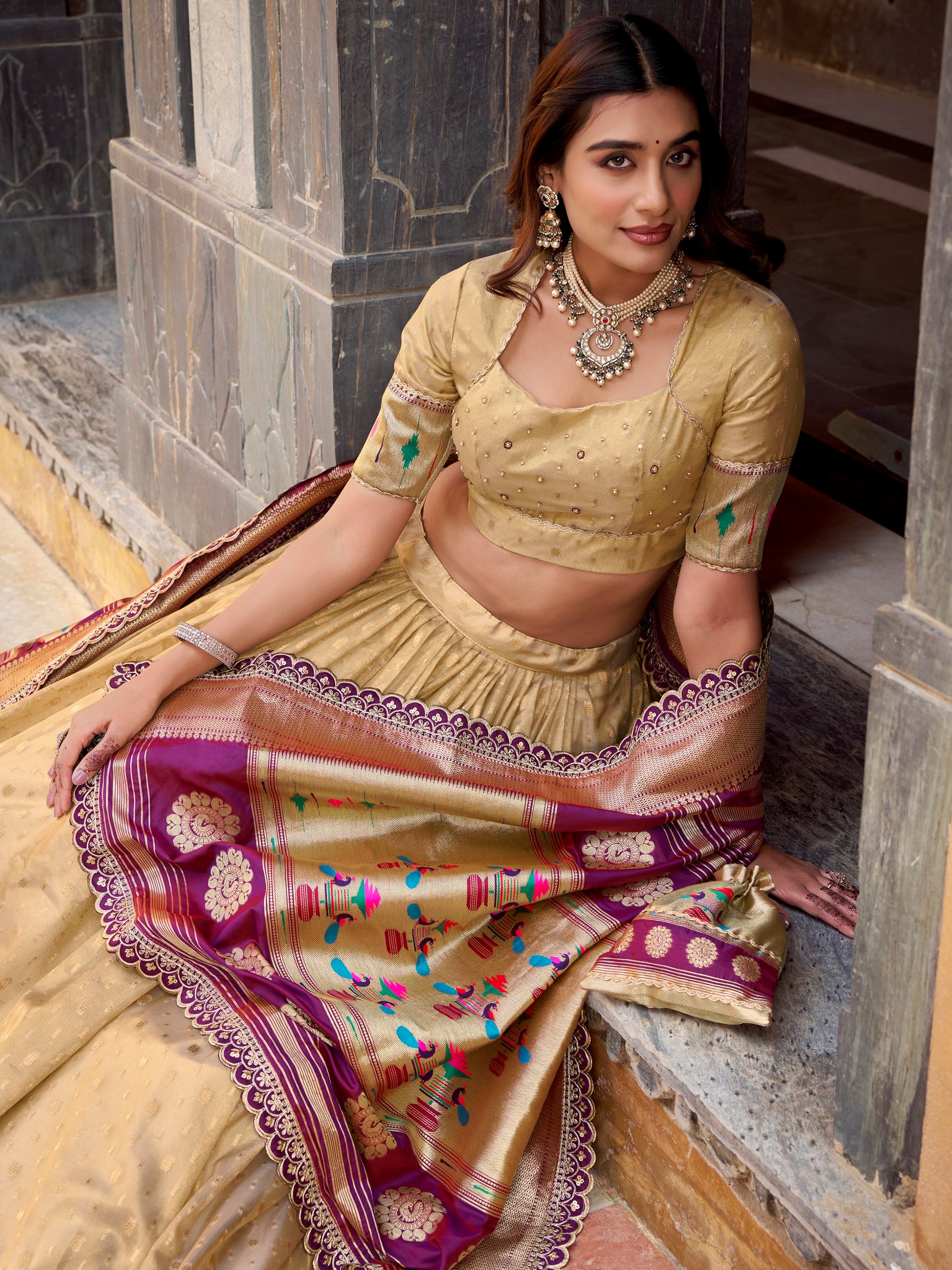 Amazeballs Cream Zari Weaving Silk Festive Wear Lehenga Choli With Dupatta