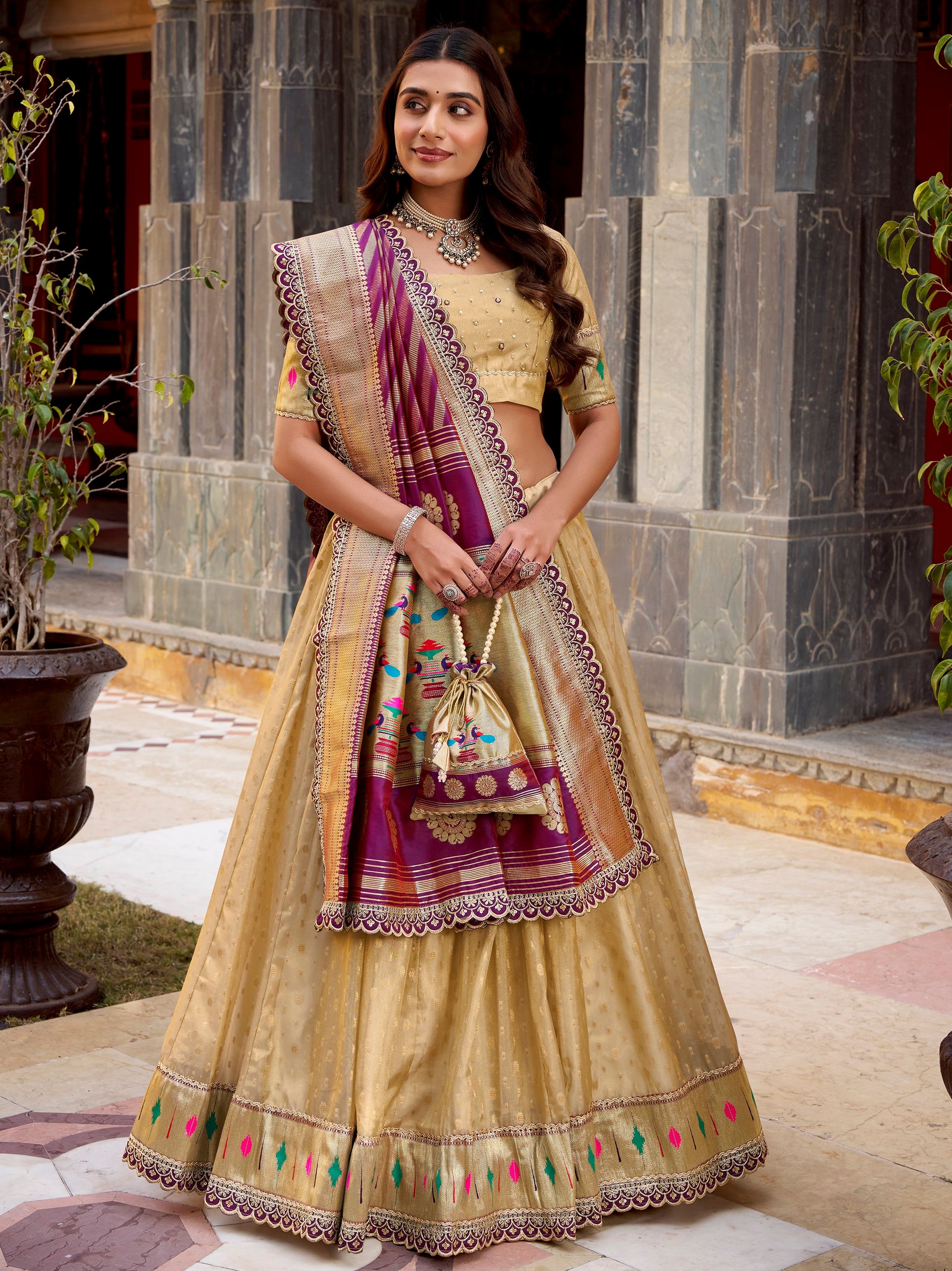 Amazeballs Cream Zari Weaving Silk Festive Wear Lehenga Choli With Dupatta