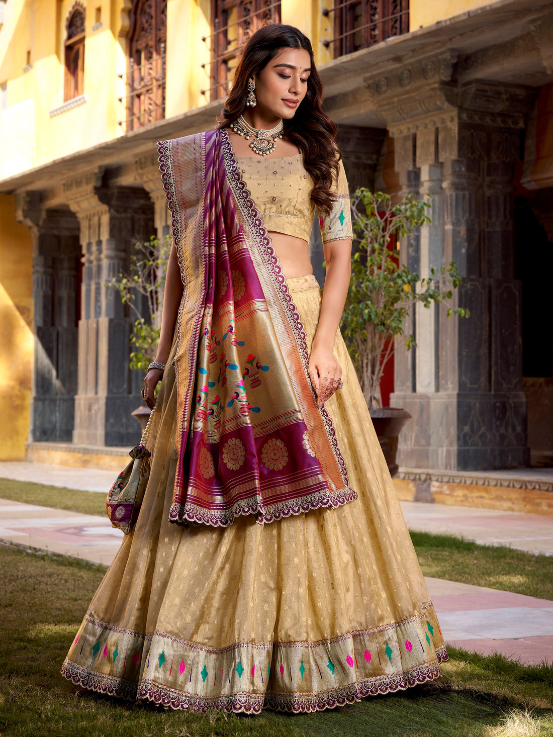 Amazeballs Cream Zari Weaving Silk Festive Wear Lehenga Choli With Dupatta