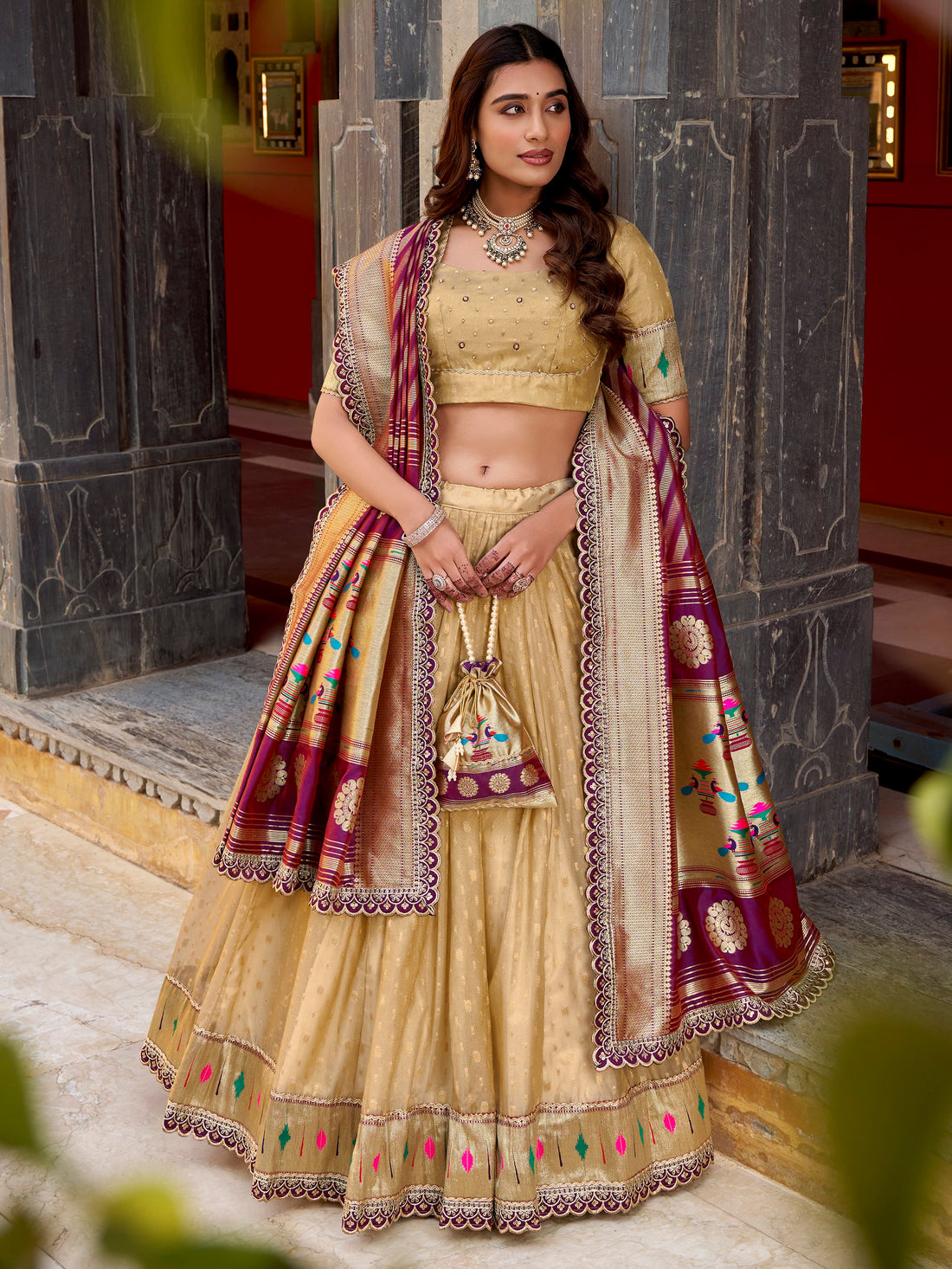 Amazeballs Cream Zari Weaving Silk Festive Wear Lehenga Choli With Dupatta