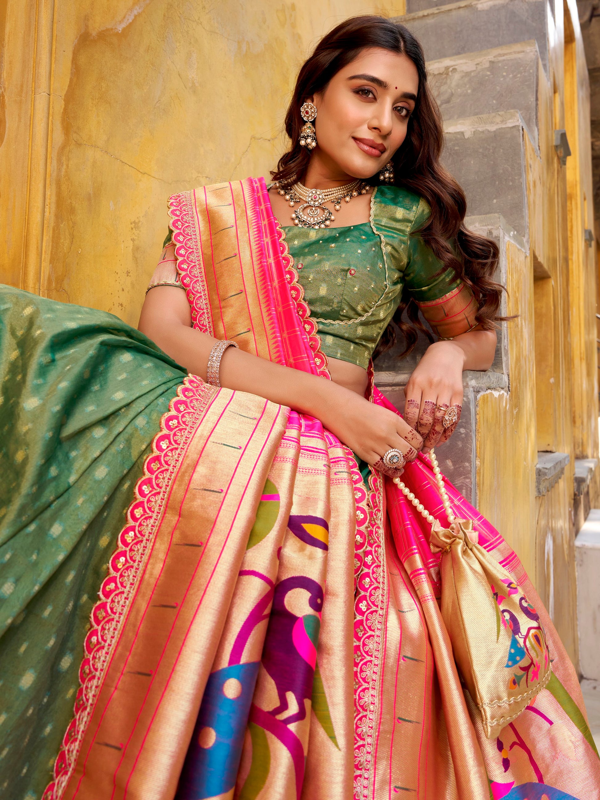 Bewitching Green Zari Weaving Silk Mehendi Wear Lehenga With Blouse