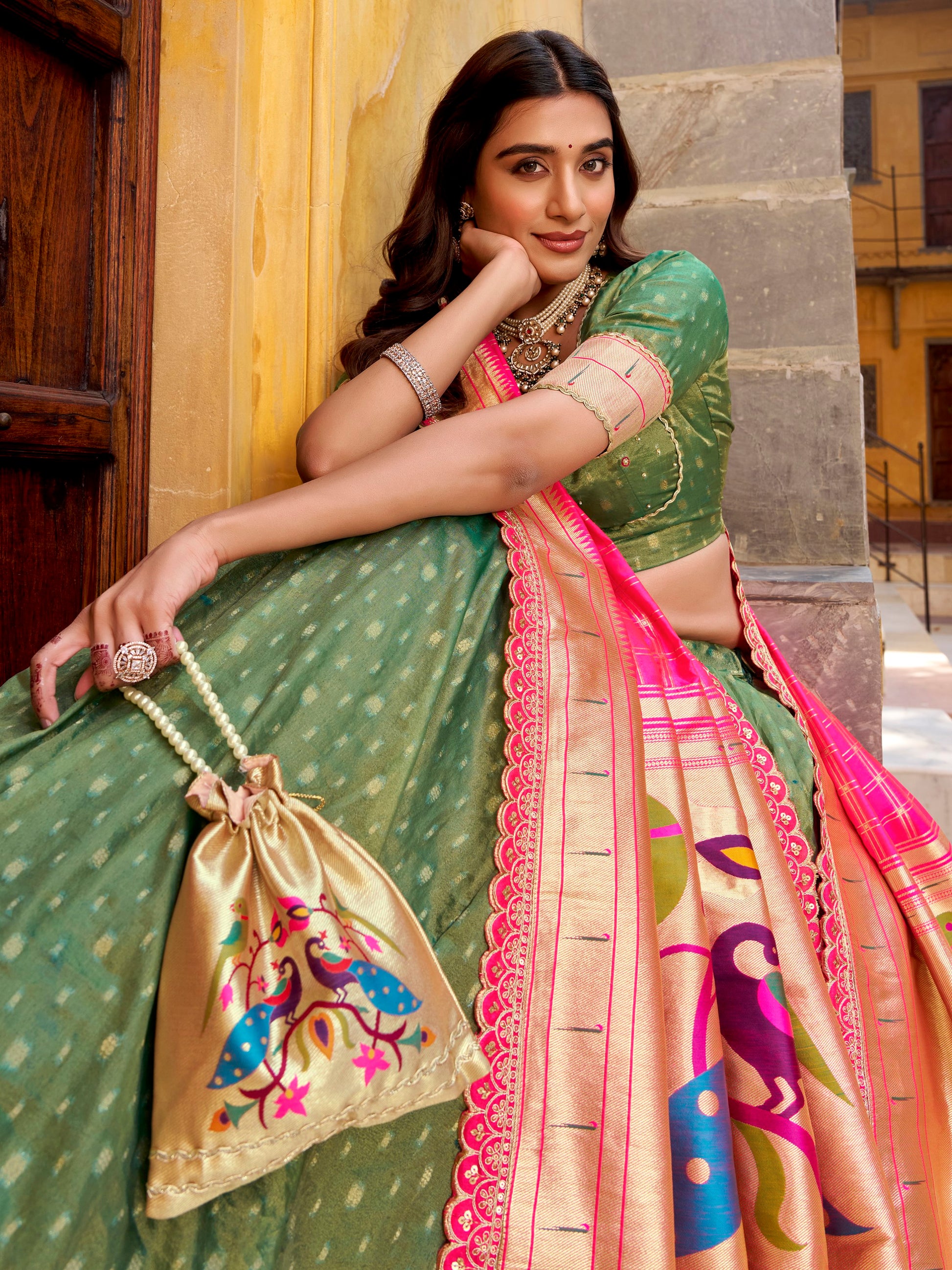 Bewitching Green Zari Weaving Silk Mehendi Wear Lehenga With Blouse