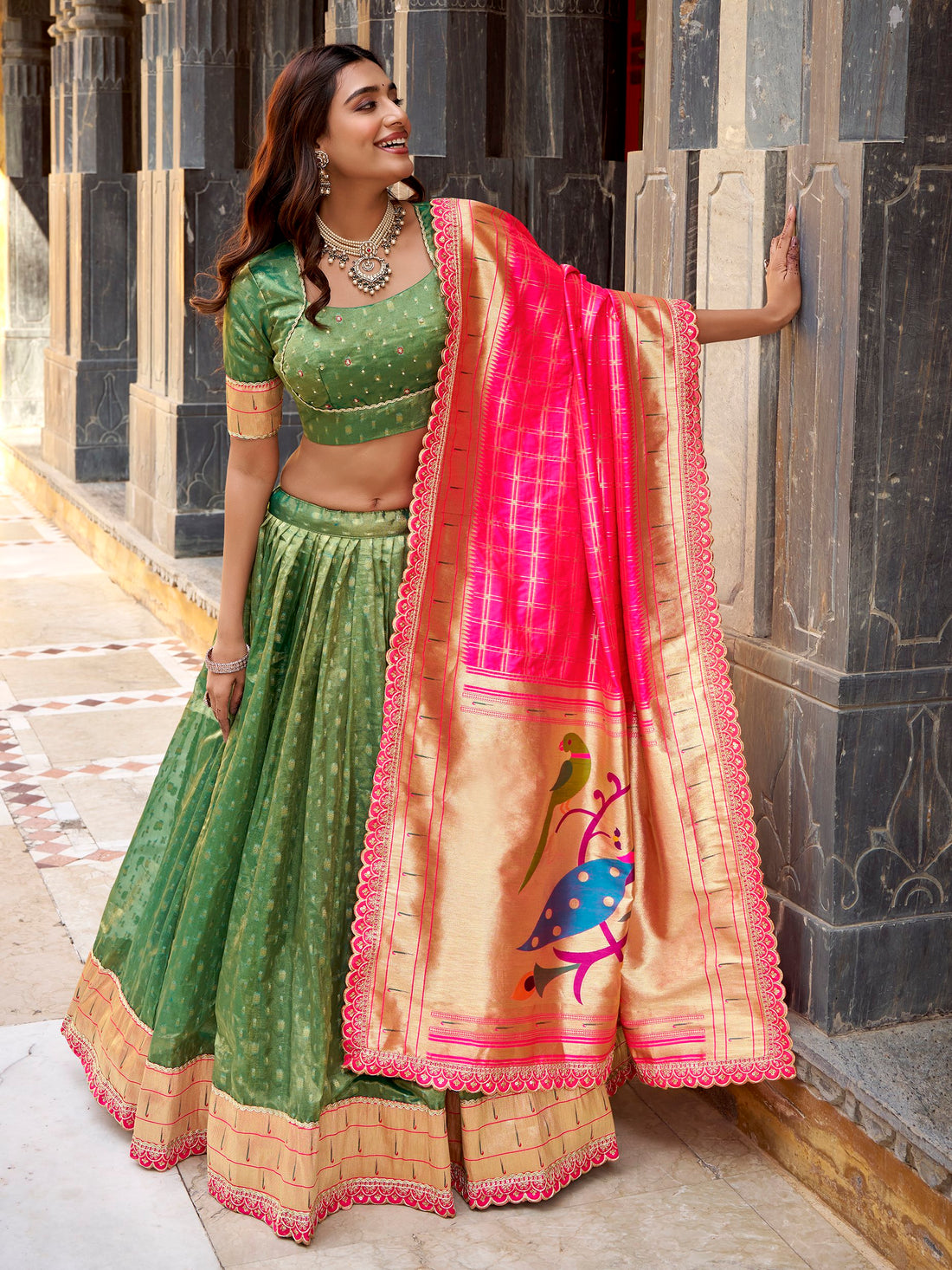 Bewitching Green Zari Weaving Silk Mehendi Wear Lehenga With Blouse