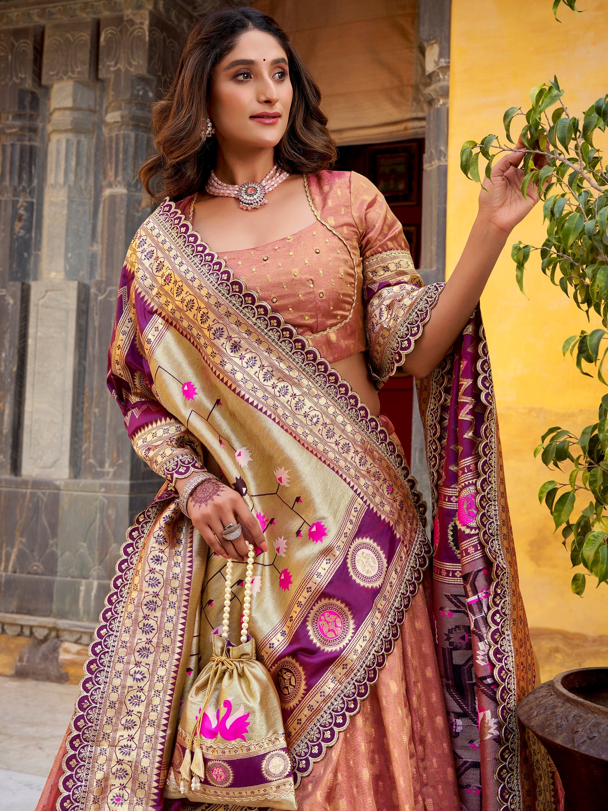 Stylish Peach Zari Weaving Silk Marriage Wear Lehenga Choli With Dupatta
