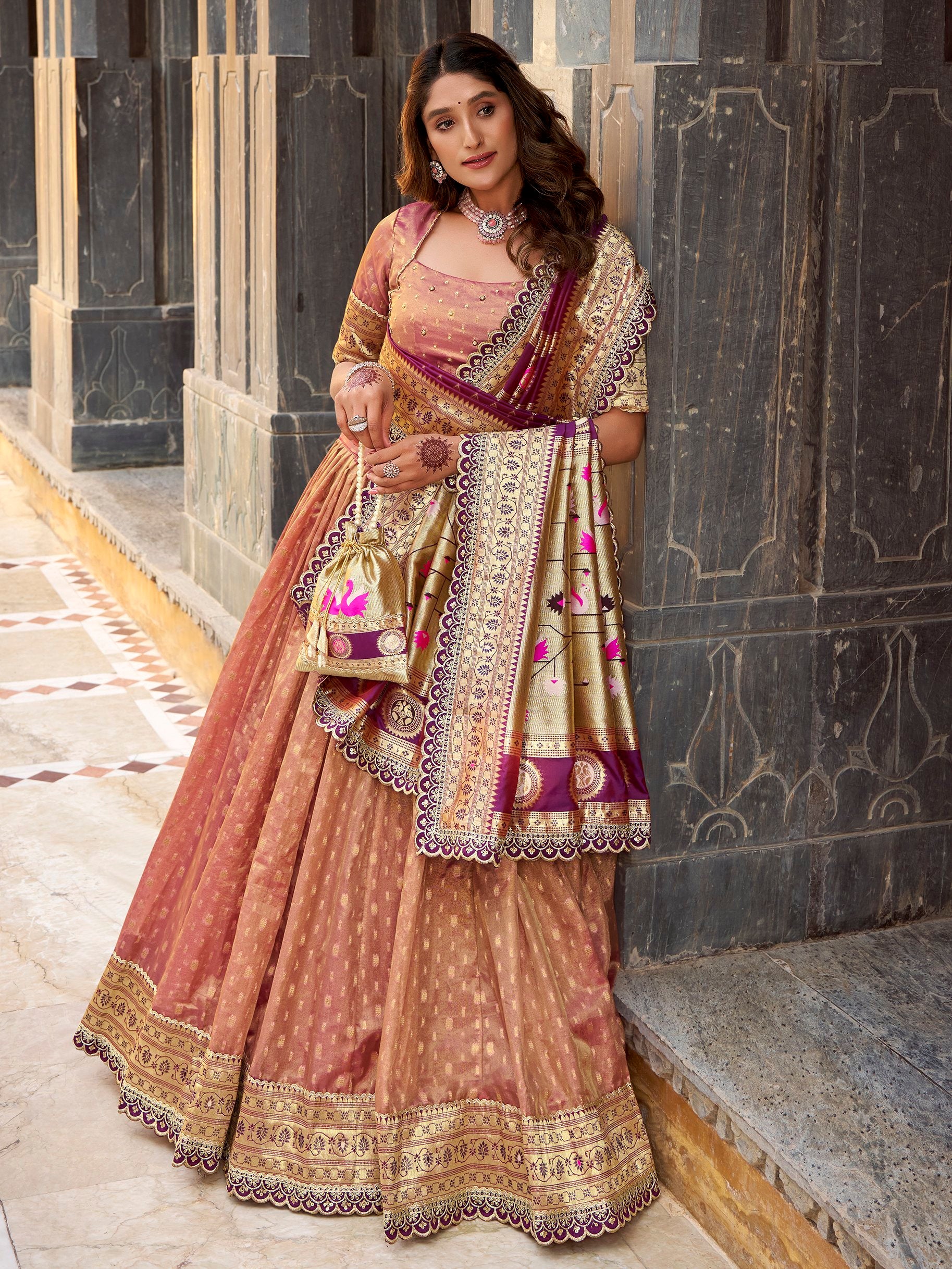 Stylish Peach Zari Weaving Silk Marriage Wear Lehenga Choli With Dupatta