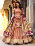 Stylish Peach Zari Weaving Silk Marriage Wear Lehenga Choli With Dupatta