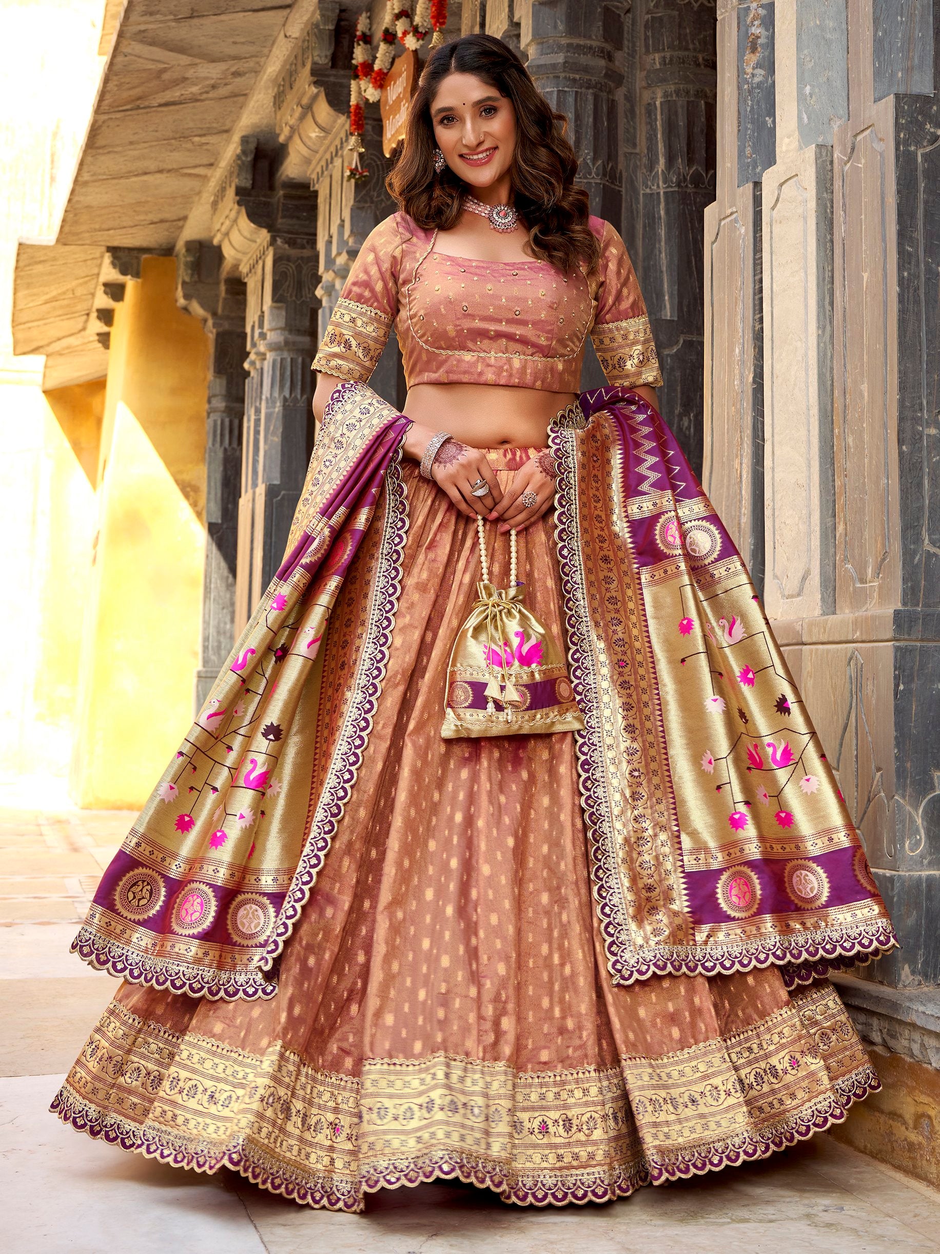 Stylish Peach Zari Weaving Silk Marriage Wear Lehenga Choli With Dupatta
