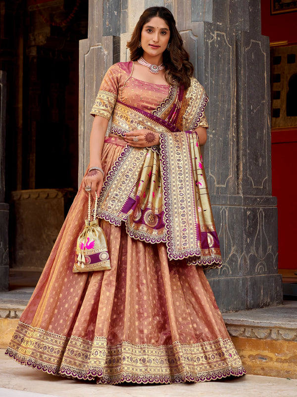 Stylish Peach Zari Weaving Silk Marriage Wear Lehenga Choli With Dupatta