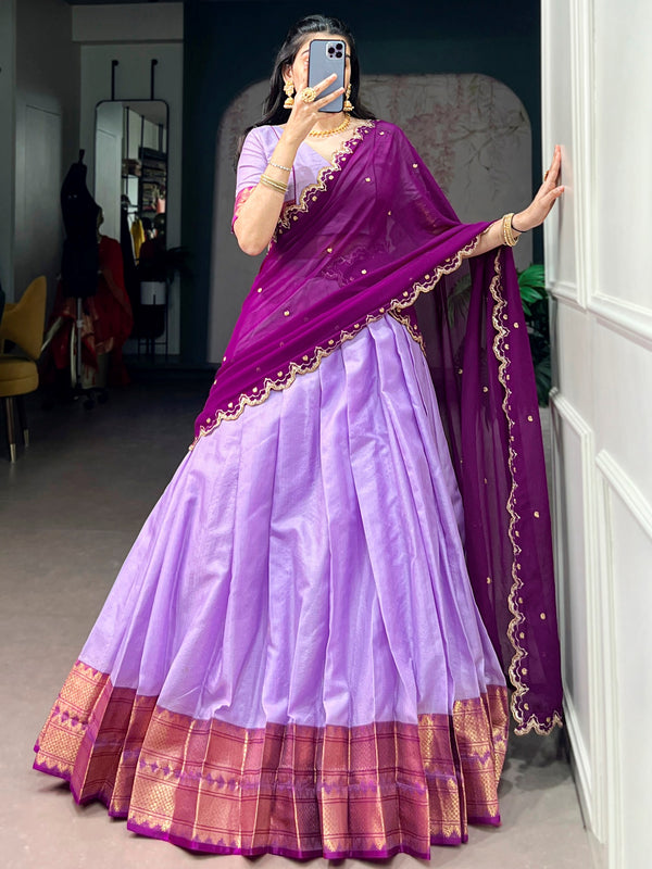 Impressive Lavender Zari Weaving Silk traditional Wear Lehenga Choli With Dupatta