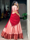 Glowing Peach Zari Weaving Silk Wedding Wear Lehenga Choli With Dupatta