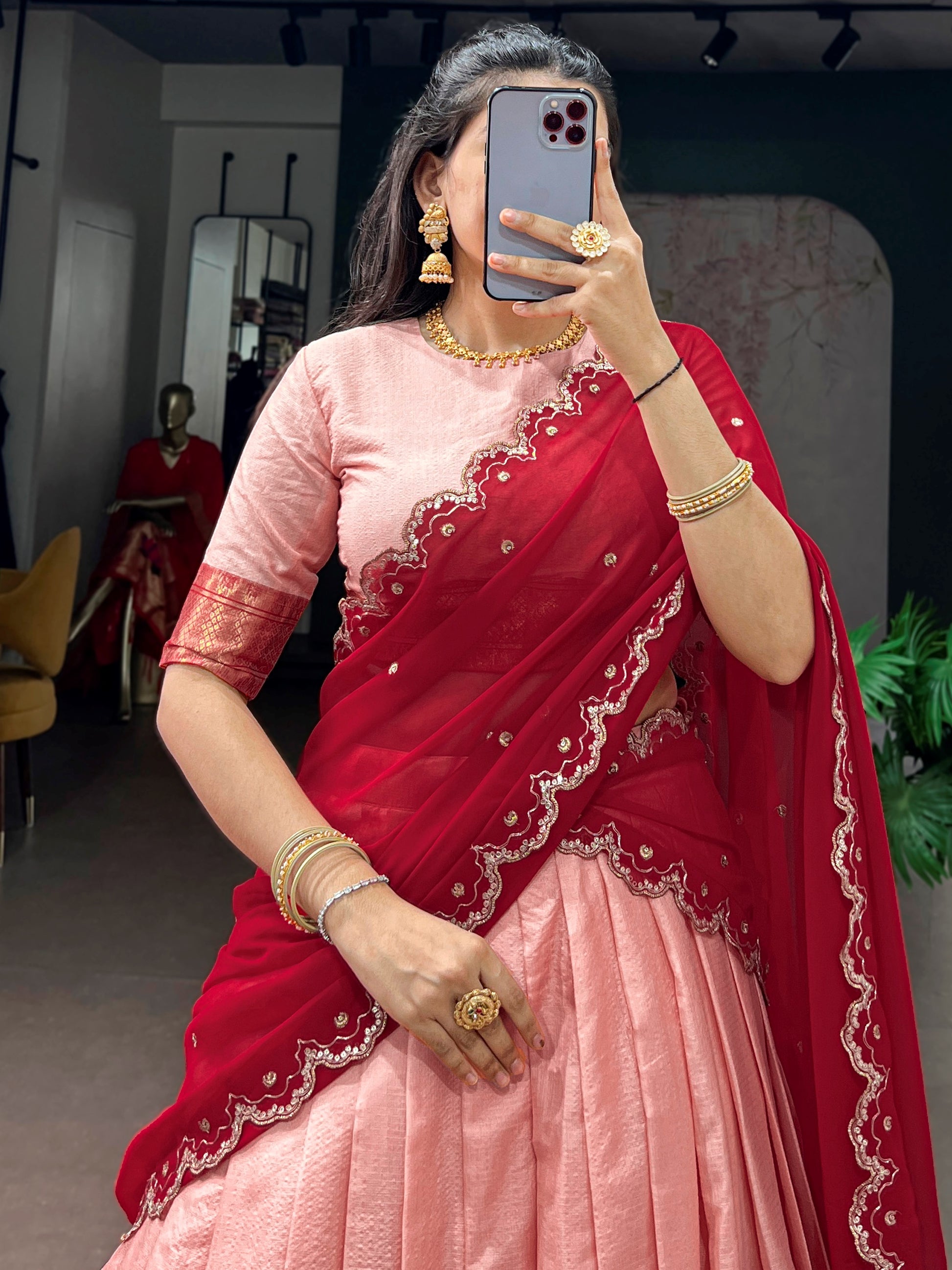 Glowing Peach Zari Weaving Silk Wedding Wear Lehenga Choli With Dupatta