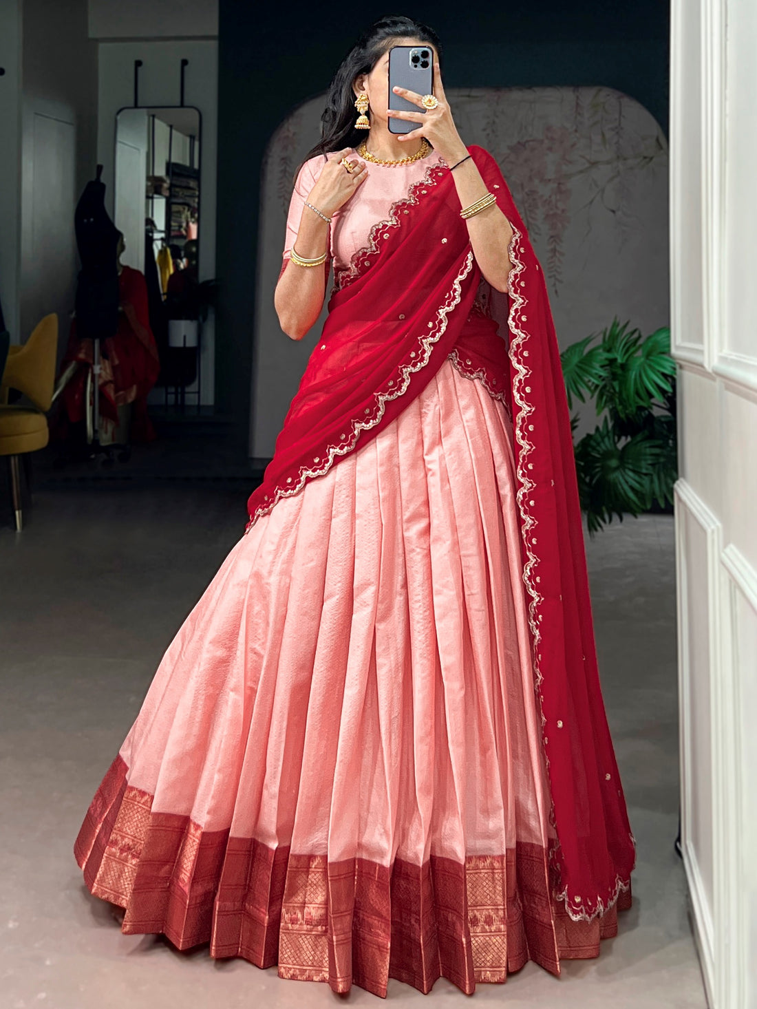 Glowing Peach Zari Weaving Silk Wedding Wear Lehenga Choli With Dupatta