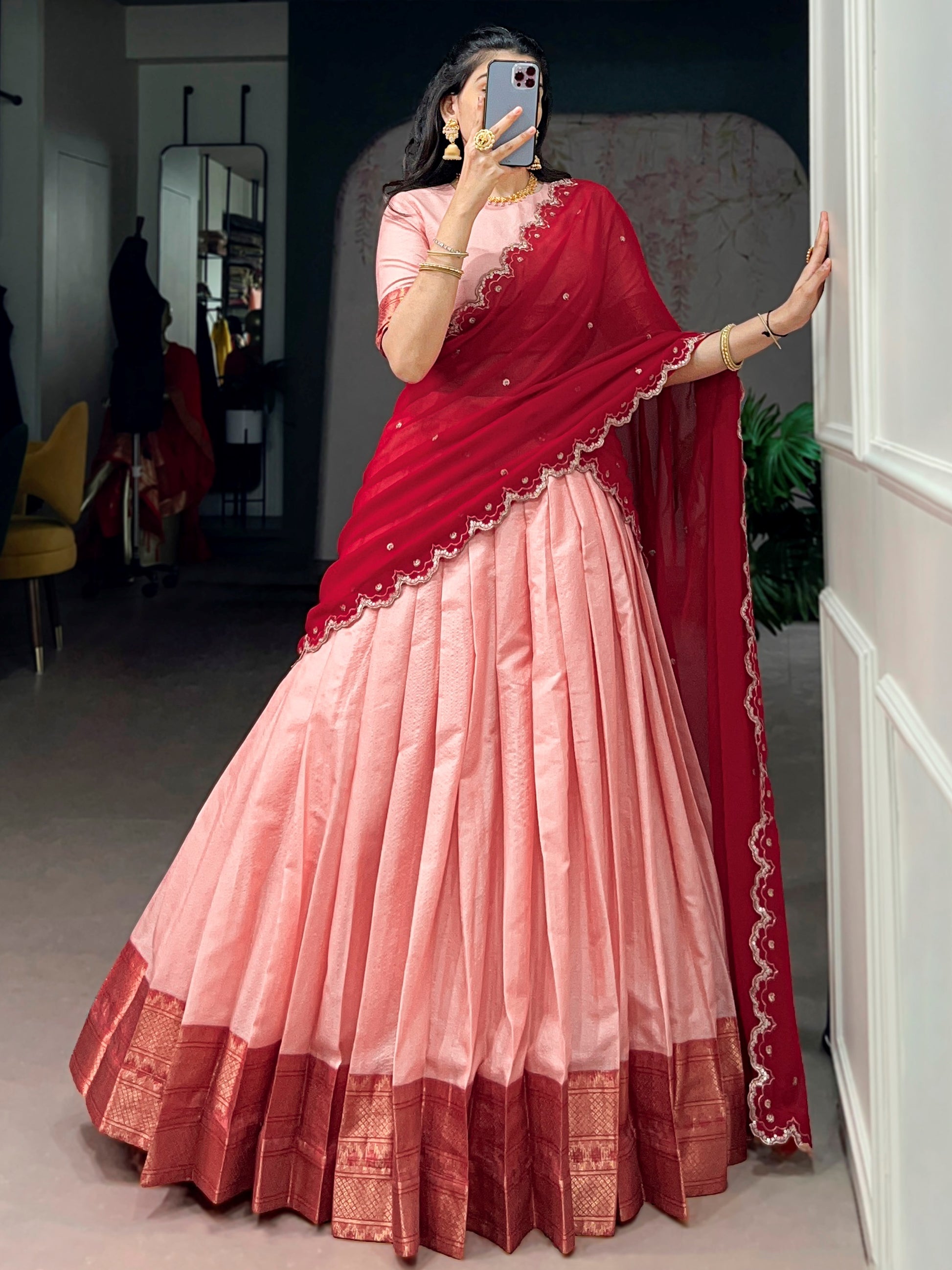 Glowing Peach Zari Weaving Silk Wedding Wear Lehenga Choli With Dupatta