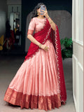 Glowing Peach Zari Weaving Silk Wedding Wear Lehenga Choli With Dupatta