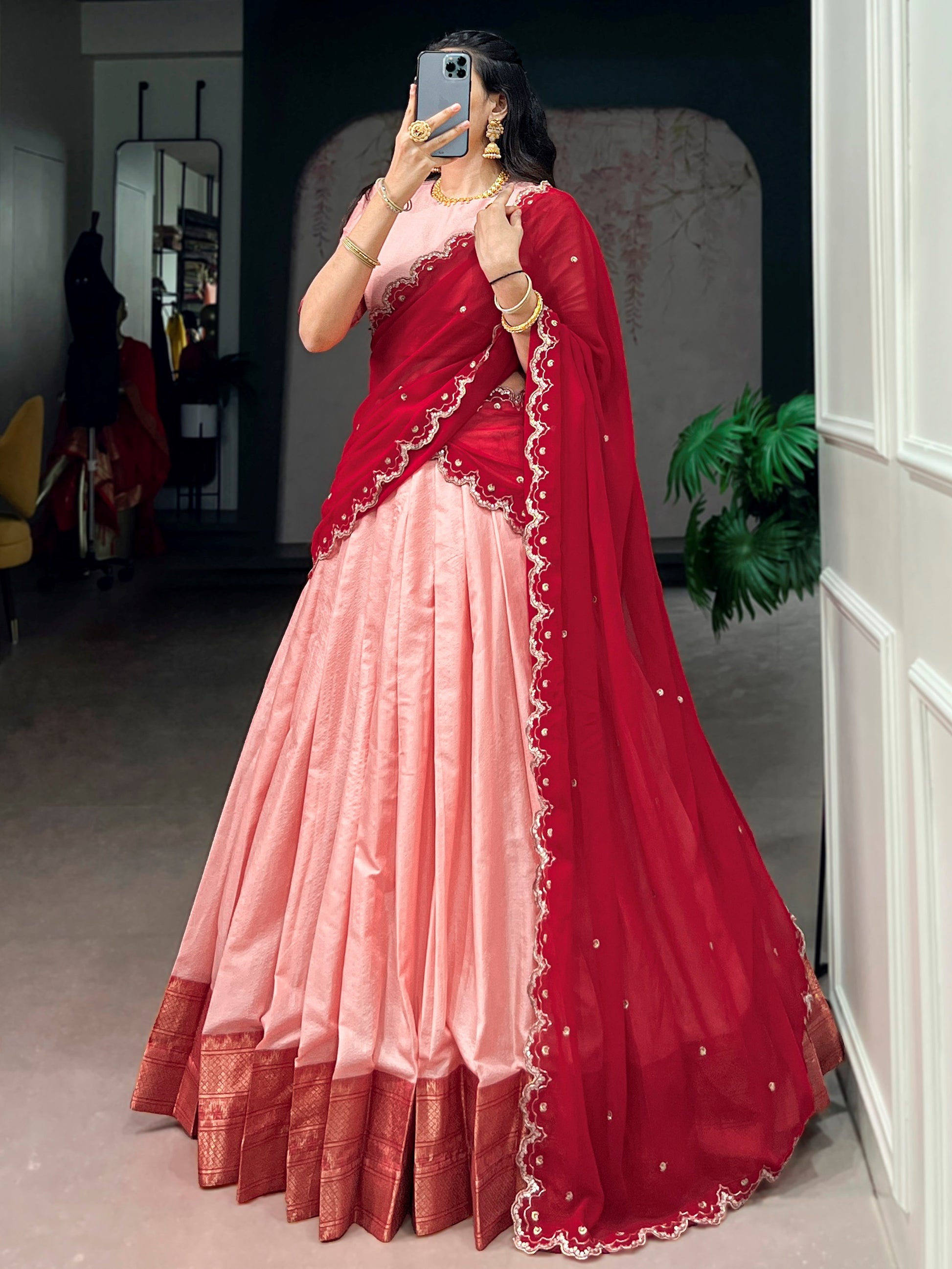 Glowing Peach Zari Weaving Silk Wedding Wear Lehenga Choli With Dupatta