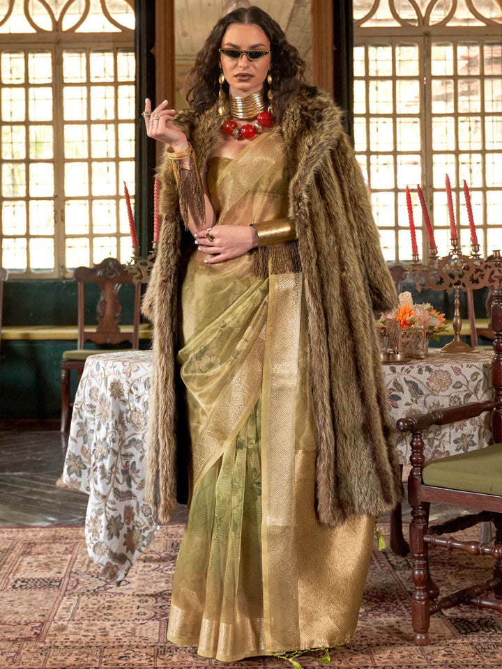 Aesthetic Green Floral Printed Organza Mehendi Wear Saree With Blouse