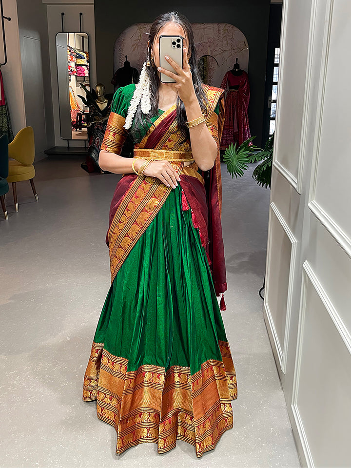 Gorgeous Green Zari Cotton Half Saree Lehenga With Belt