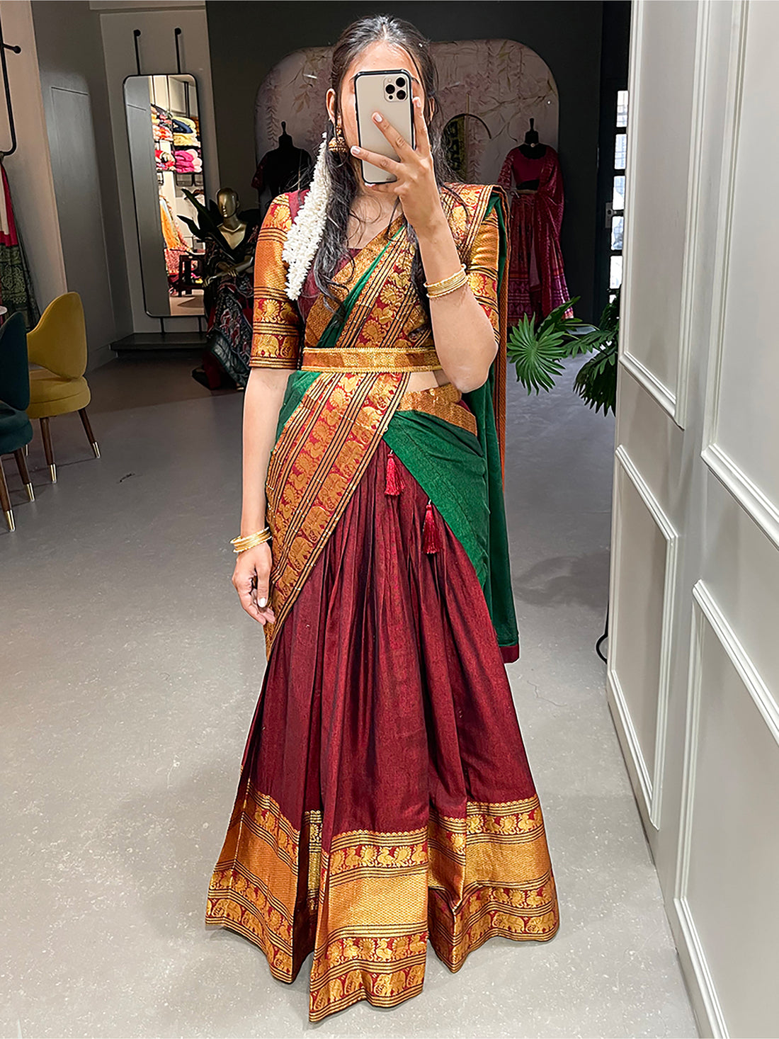Beautiful Maroon Zari Cotton Half Saree Lehenga With Belt