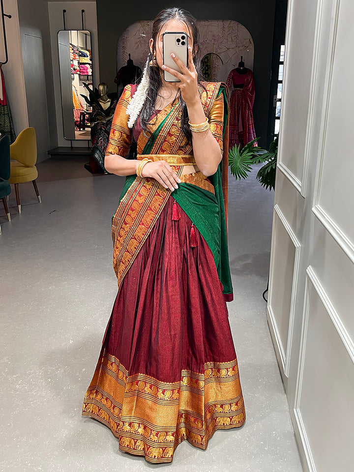 Beautiful Maroon Zari Cotton Half Saree Lehenga With Belt