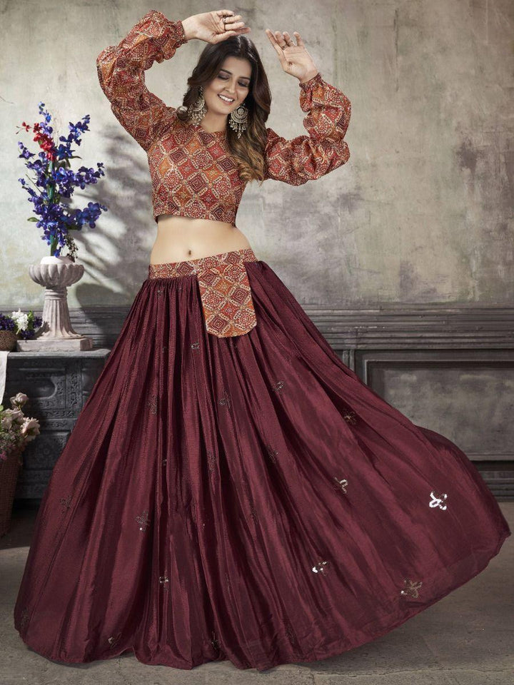 Elegant Maroon Sequins Work Silk Ready-Made Crop Top Lehenga