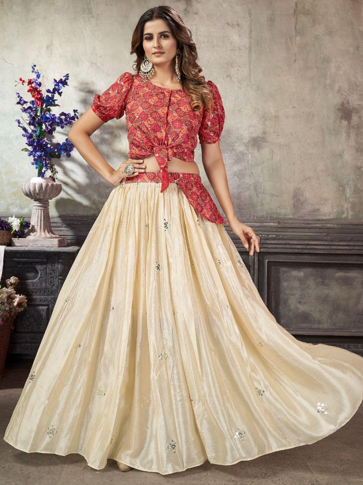 Lavish Off-White Sequins Work Silk Ready-Made Crop Top Lehenga