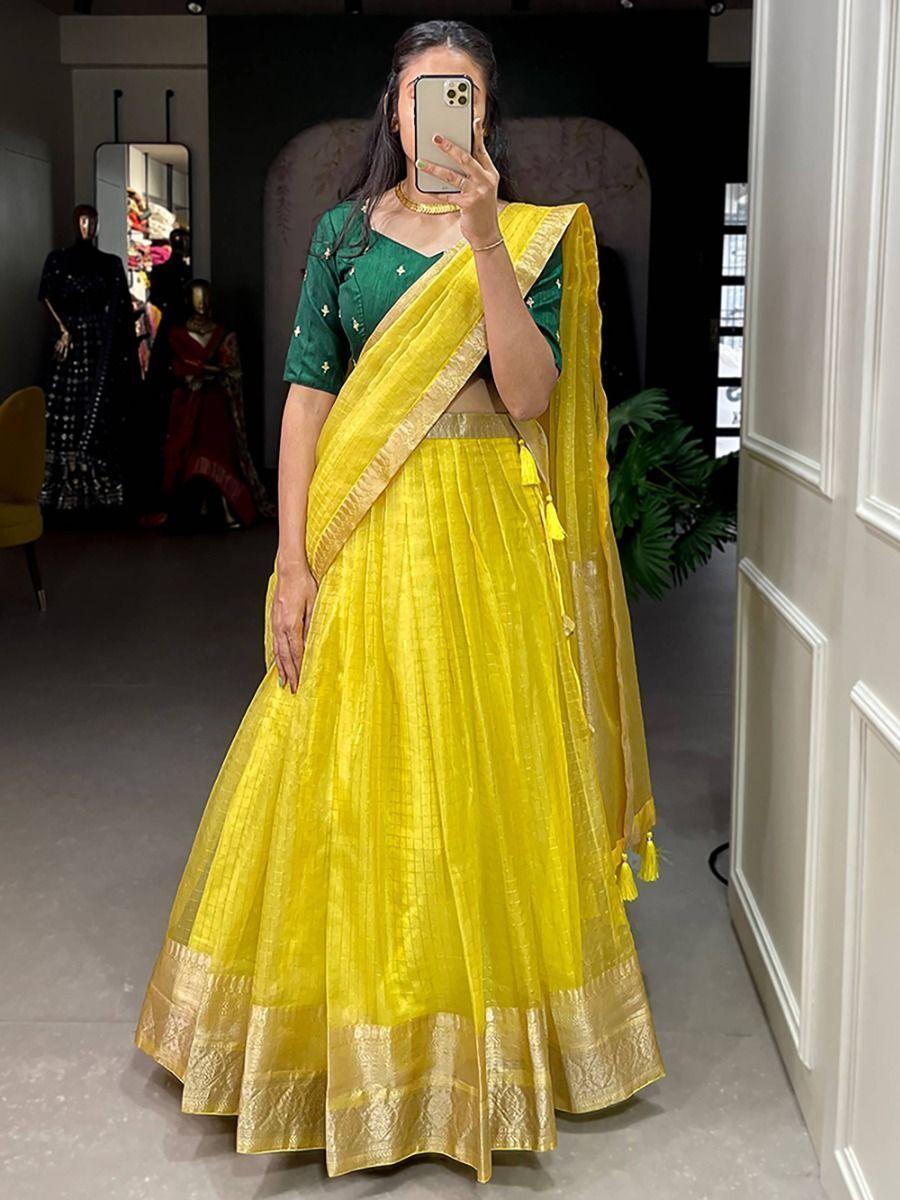 Gorgeous Yellow Zari Weaving Organza Festival Wear Lehenga Choli