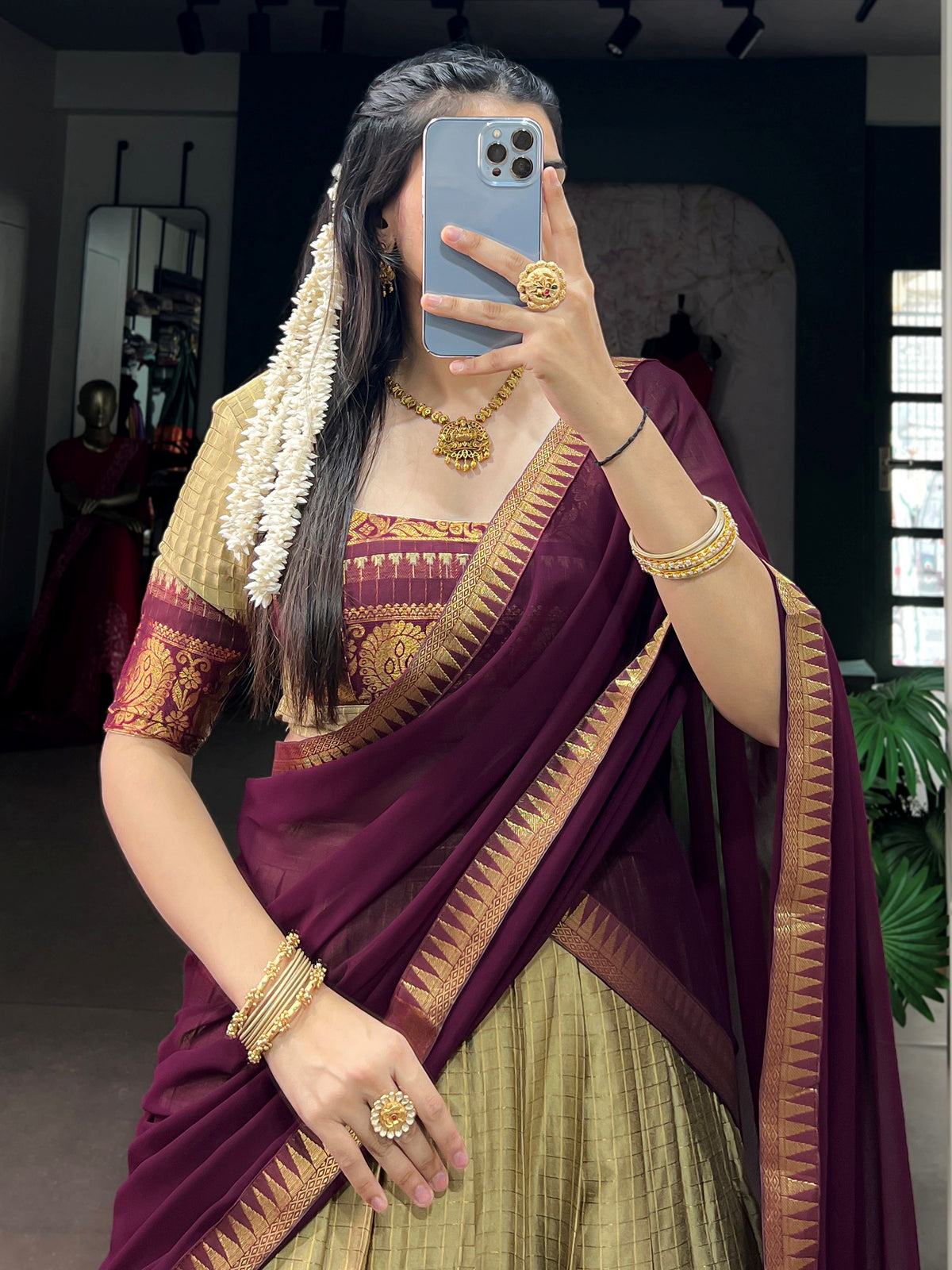 Elegant Golden Zari Weaving Cotton Festive Wear Half Saree Lehenga