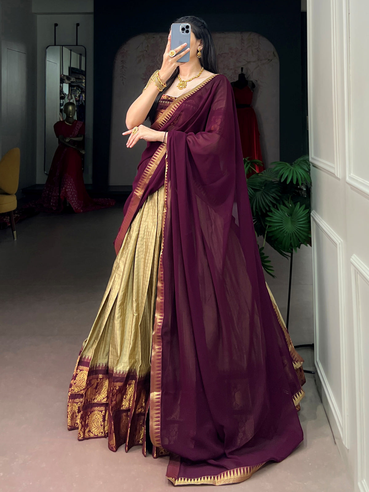 Elegant Golden Zari Weaving Cotton Festive Wear Half Saree Lehenga
