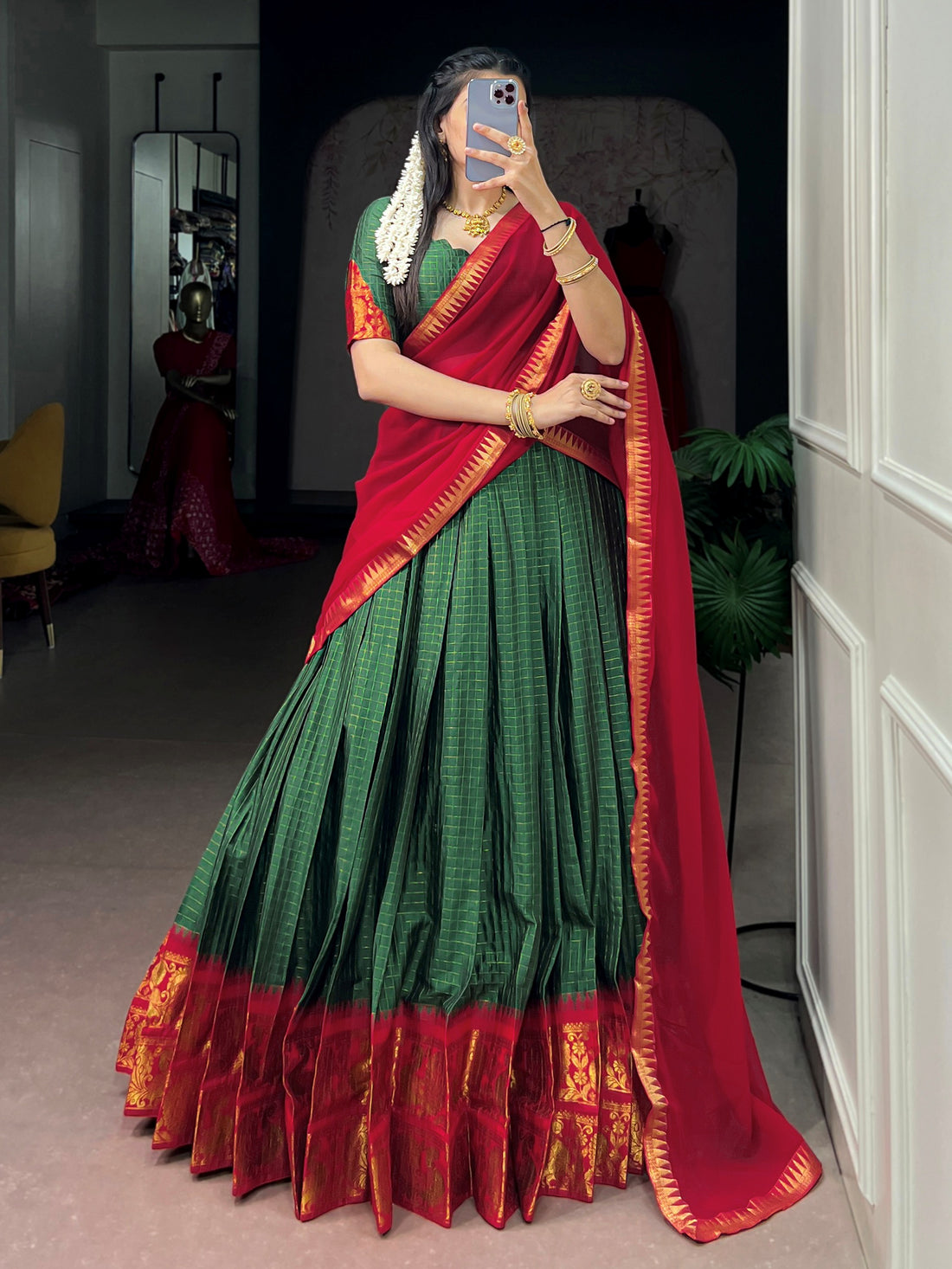 Charming Green Zari Work Cotton Festive Wear Half Saree Lehenga