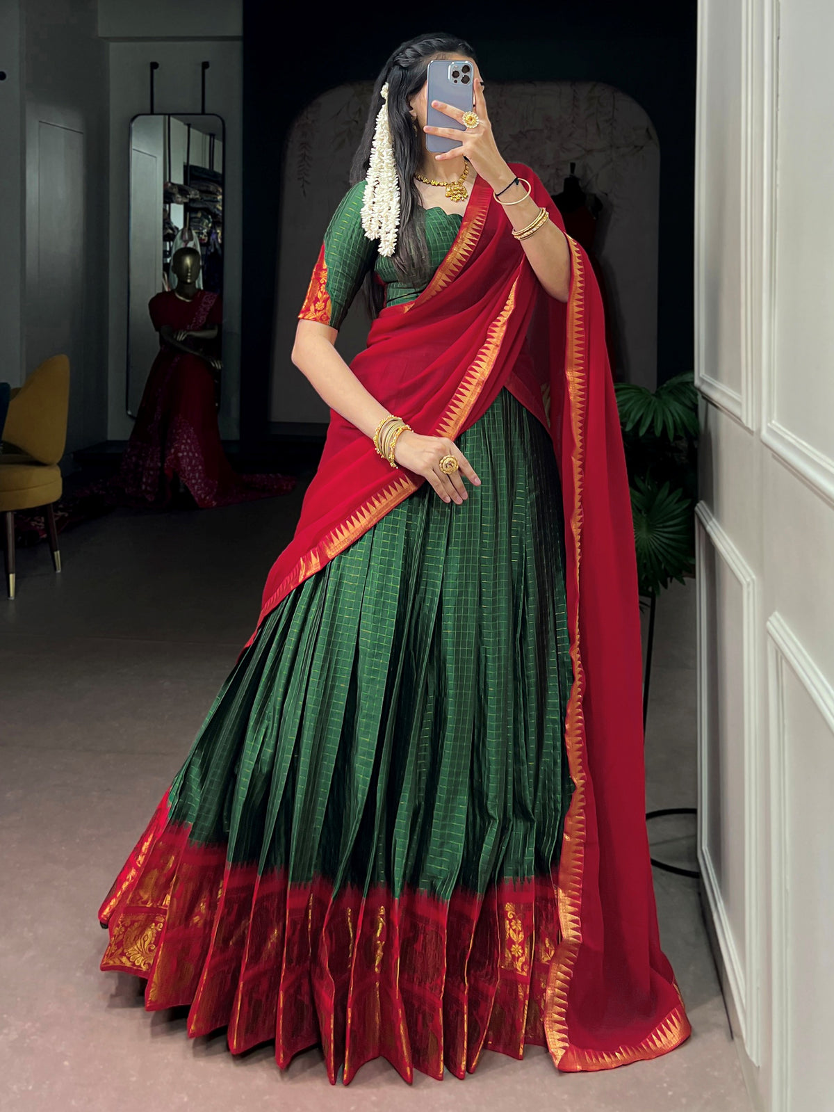 Charming Green Zari Work Cotton Festive Wear Half Saree Lehenga