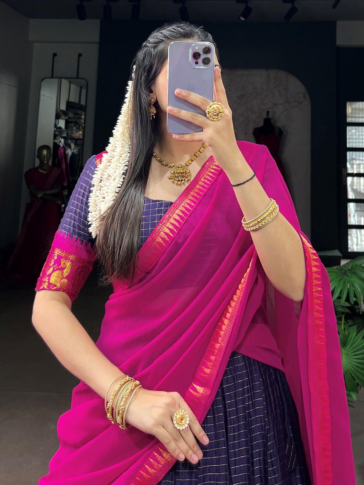 Beautiful Navy Blue Zari Woven Cotton Festive Wear Half Saree Lehenga