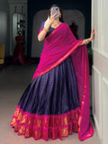Beautiful Navy Blue Zari Woven Cotton Festive Wear Half Saree Lehenga