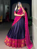 Beautiful Navy Blue Zari Woven Cotton Festive Wear Half Saree Lehenga
