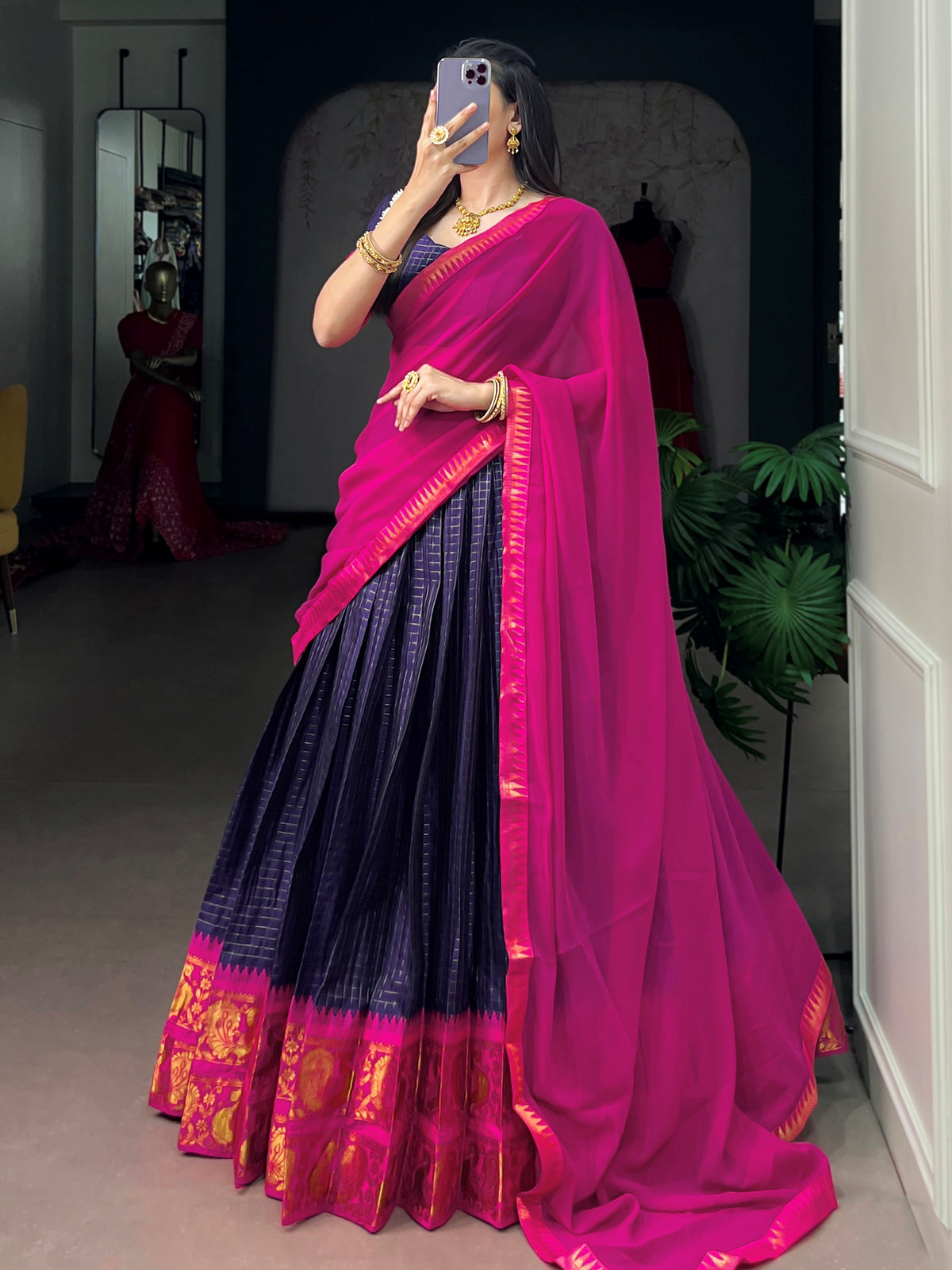 Beautiful Navy Blue Zari Woven Cotton Festive Wear Half Saree Lehenga