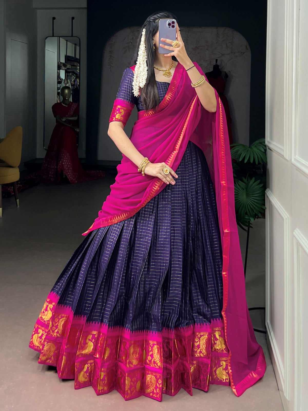 Beautiful Navy Blue Zari Woven Cotton Festive Wear Half Saree Lehenga