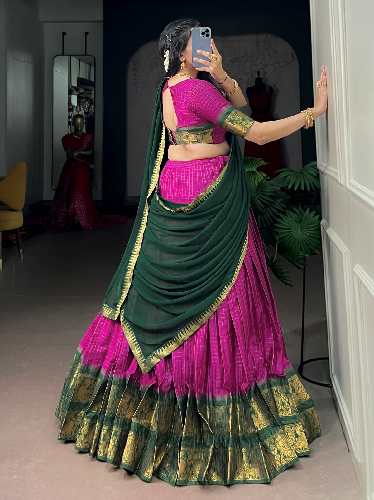 Stunning Rani Pink Zari Work Cotton Function Wear Half Saree Lehenga