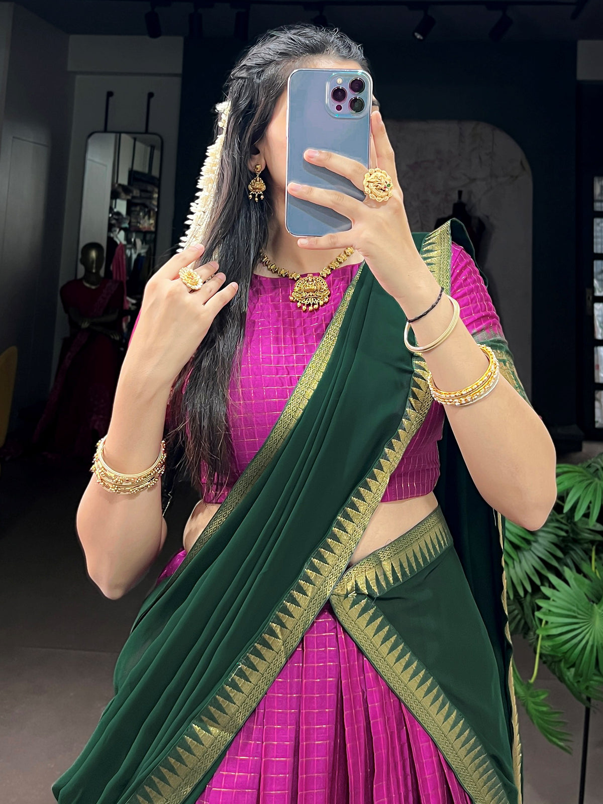 Stunning Rani Pink Zari Work Cotton Function Wear Half Saree Lehenga