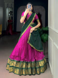Stunning Rani Pink Zari Work Cotton Function Wear Half Saree Lehenga