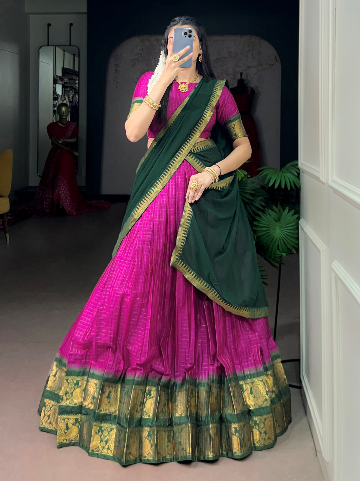 Stunning Rani Pink Zari Work Cotton Function Wear Half Saree Lehenga