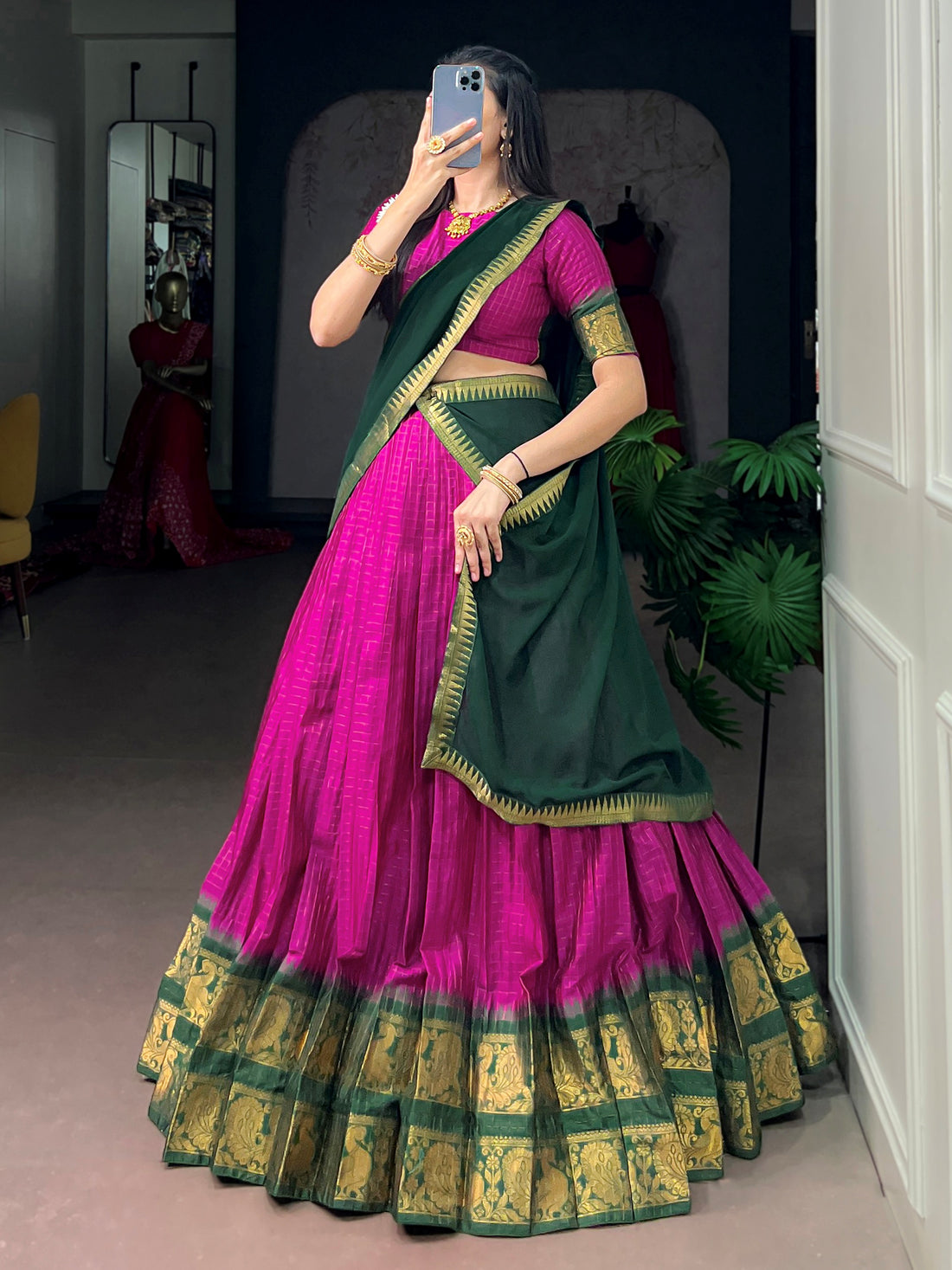 Stunning Rani Pink Zari Work Cotton Function Wear Half Saree Lehenga