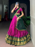 Stunning Rani Pink Zari Work Cotton Function Wear Half Saree Lehenga