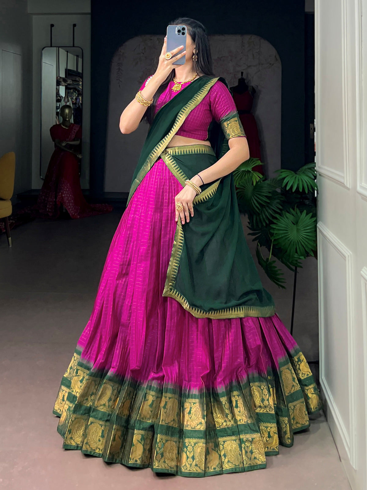 Stunning Rani Pink Zari Work Cotton Function Wear Half Saree Lehenga