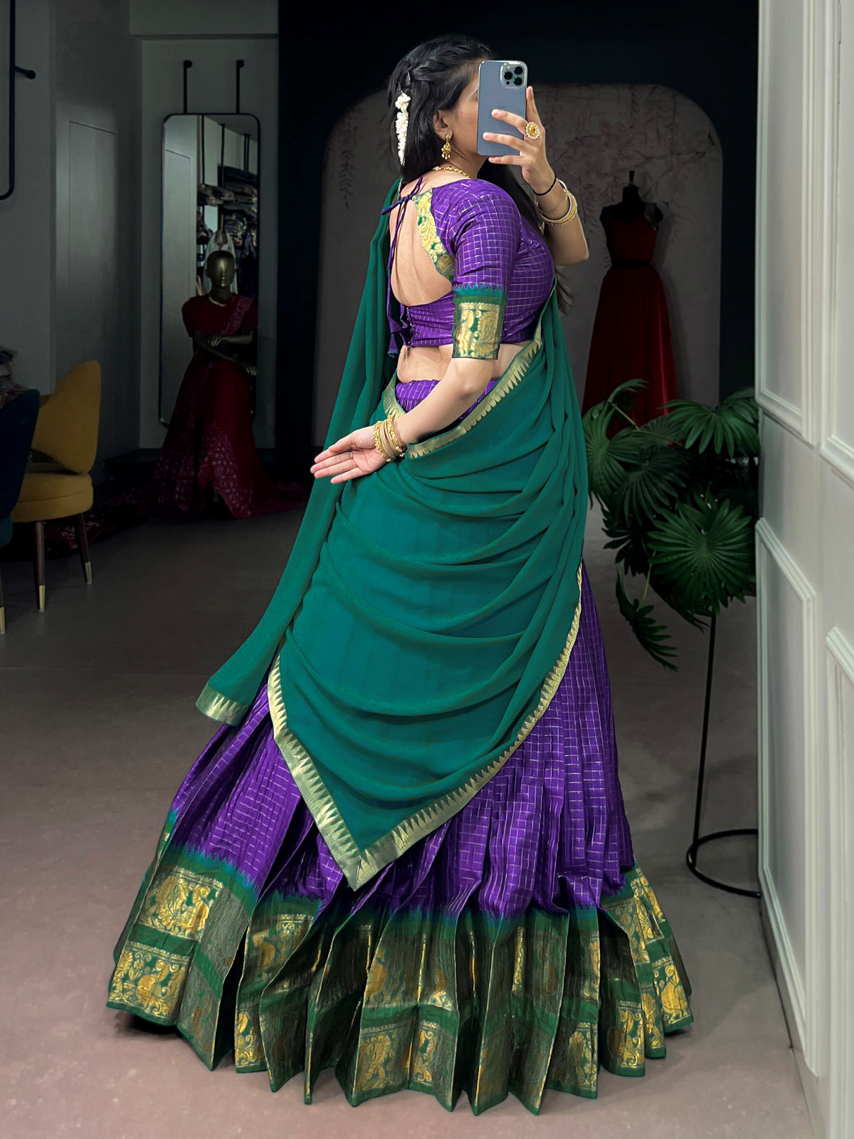 Graceful Purple Zari Weaving Cotton Festive Wear Half Saree Lehenga