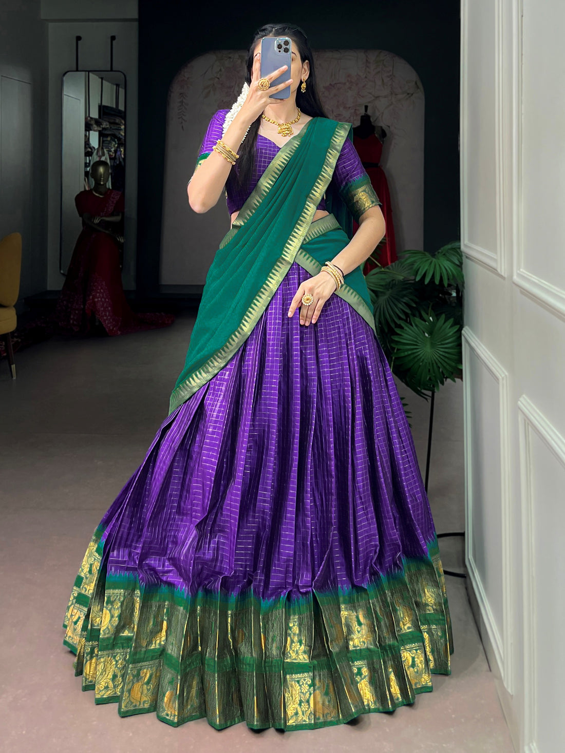 Graceful Purple Zari Weaving Cotton Festive Wear Half Saree Lehenga