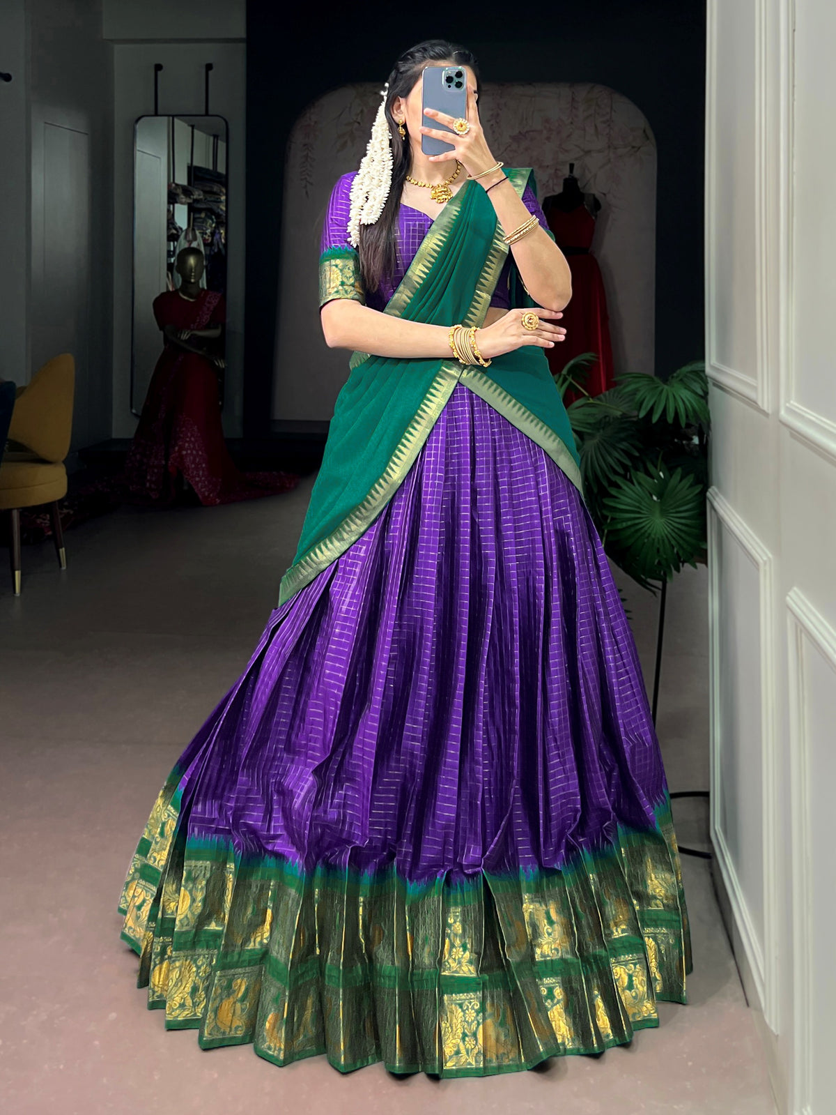 Graceful Purple Zari Weaving Cotton Festive Wear Half Saree Lehenga