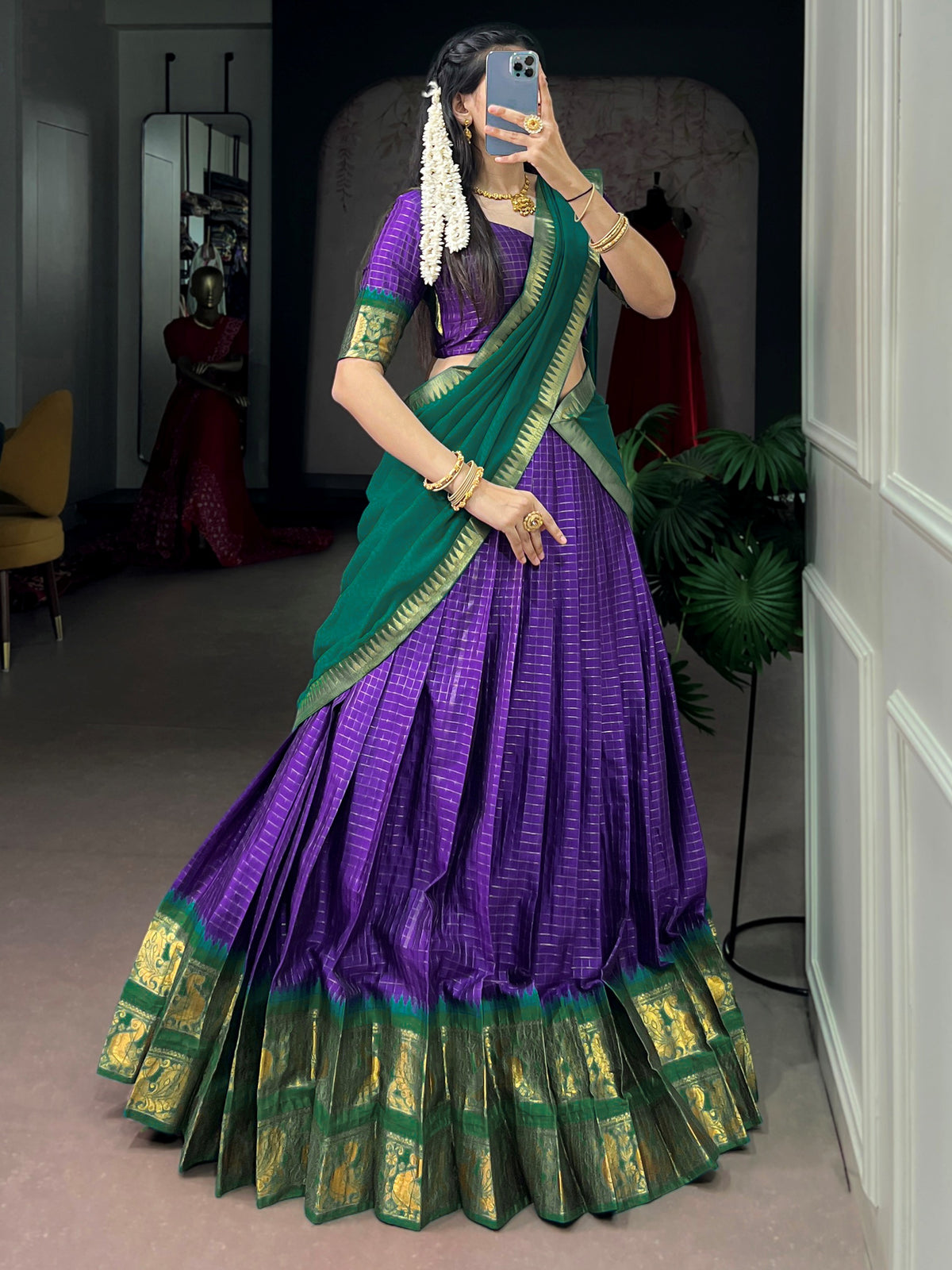 Graceful Purple Zari Weaving Cotton Festive Wear Half Saree Lehenga