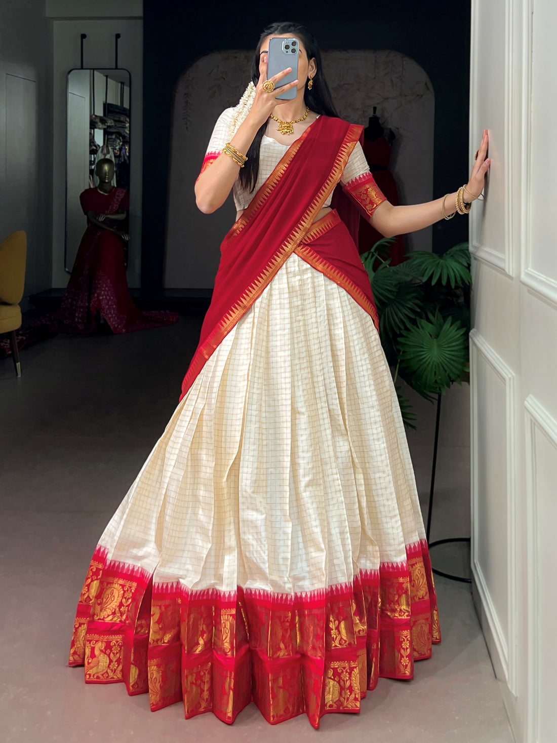 Adorable White Zari Weaving Cotton Festive Wear Half Saree Lehenga