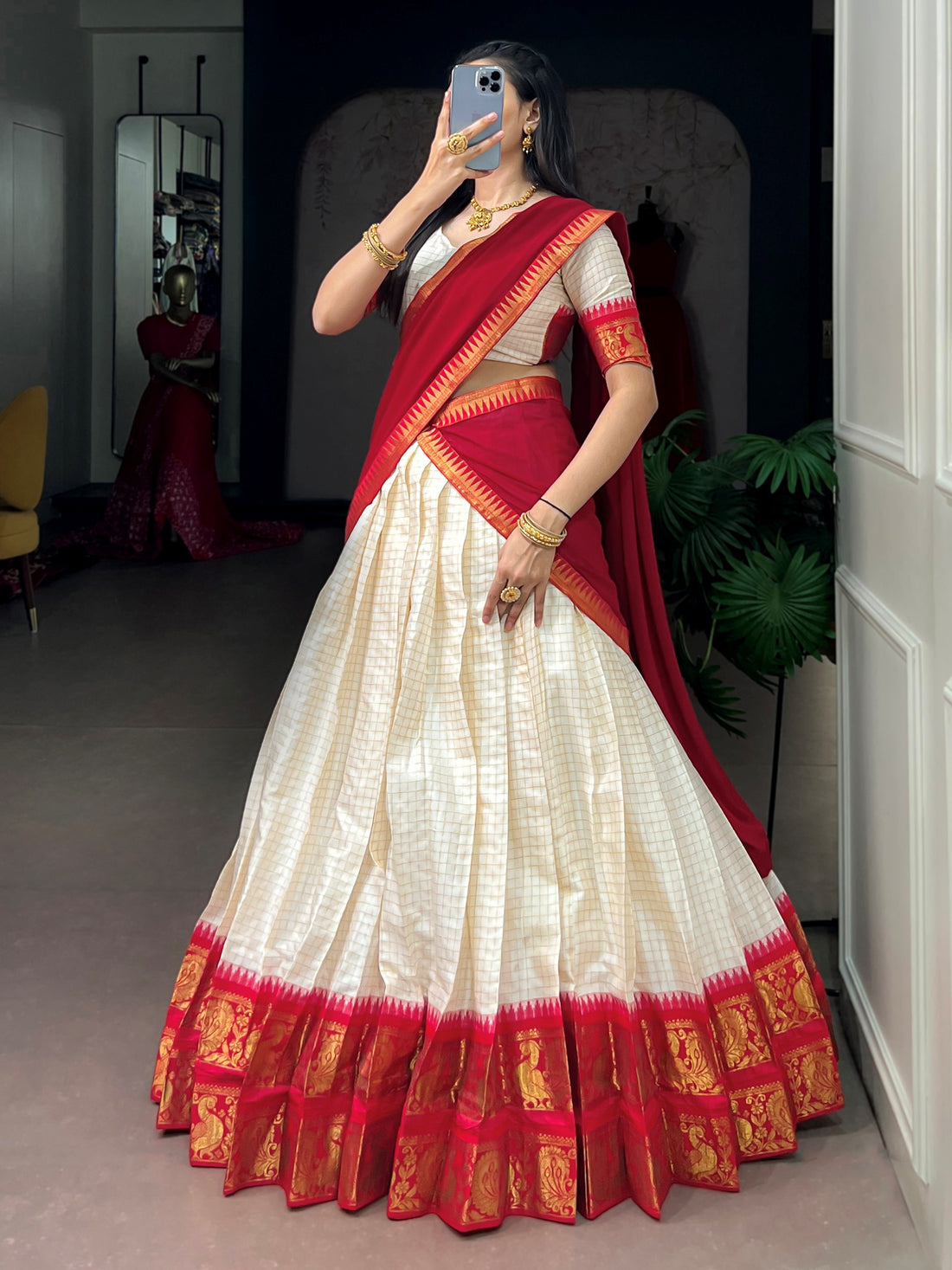 Adorable White Zari Weaving Cotton Festive Wear Half Saree Lehenga