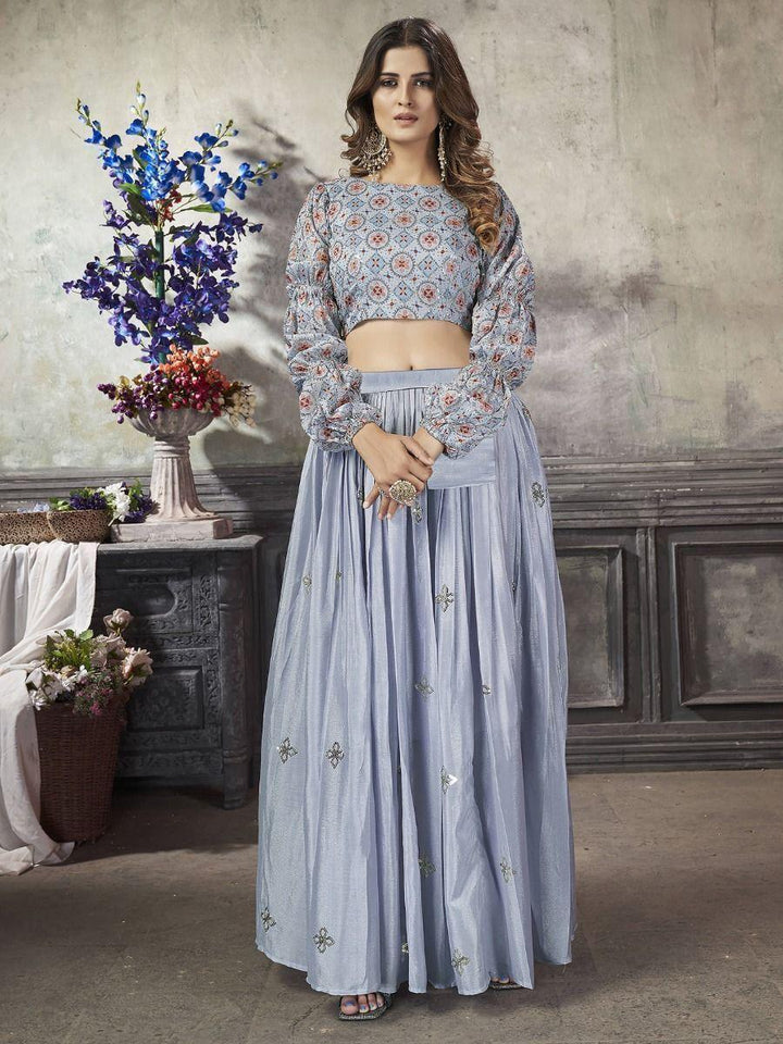 Elegant Sky Blue Sequins Work Silk Ready-Made Crop Top Lehenga